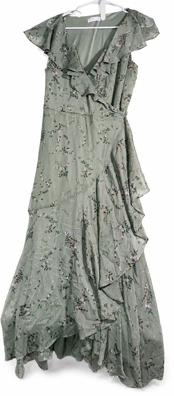 LC Lauren Conrad Women’s M Sage Green Floral Ruffle Faux-Wrap Maxi Dress